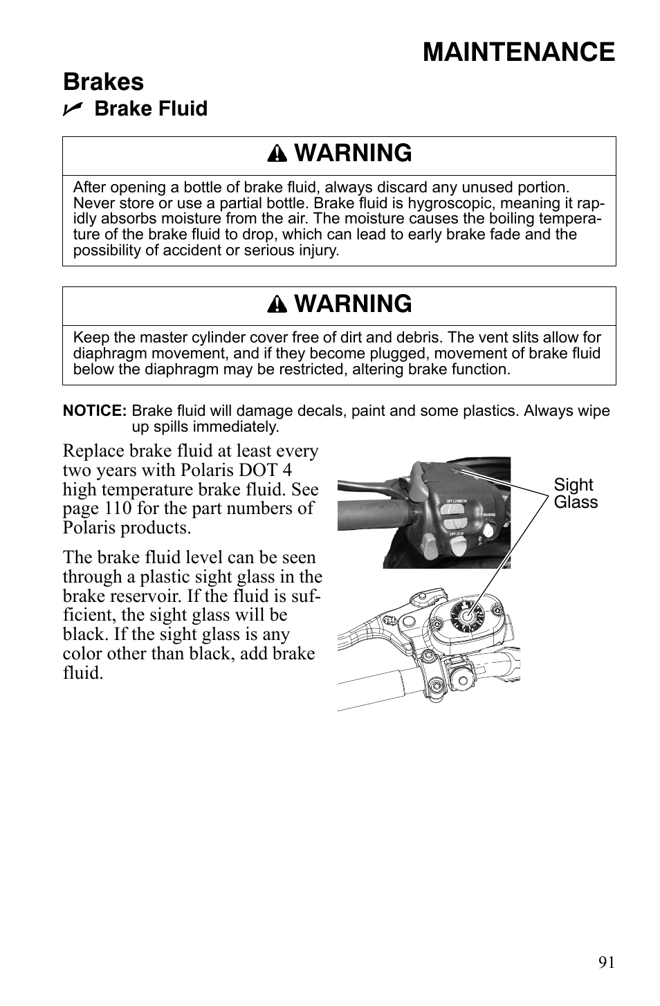 Maintenance, Brakes, Warning | Nbrake fluid | Polaris 600 RMK Shift User Manual | Page 94 / 133