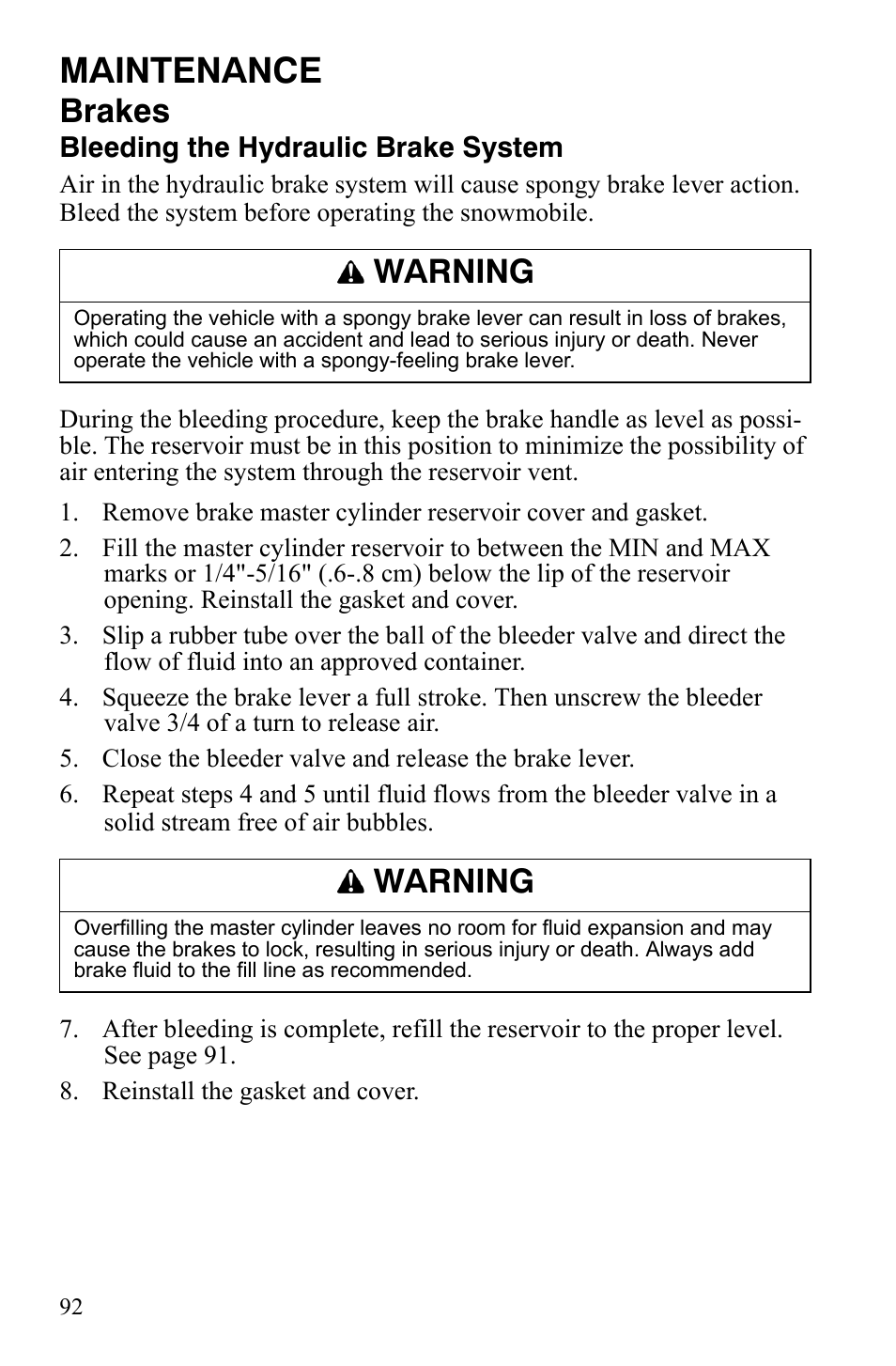 Maintenance, Brakes, Warning | Polaris 600 RMK Shift User Manual | Page 95 / 133
