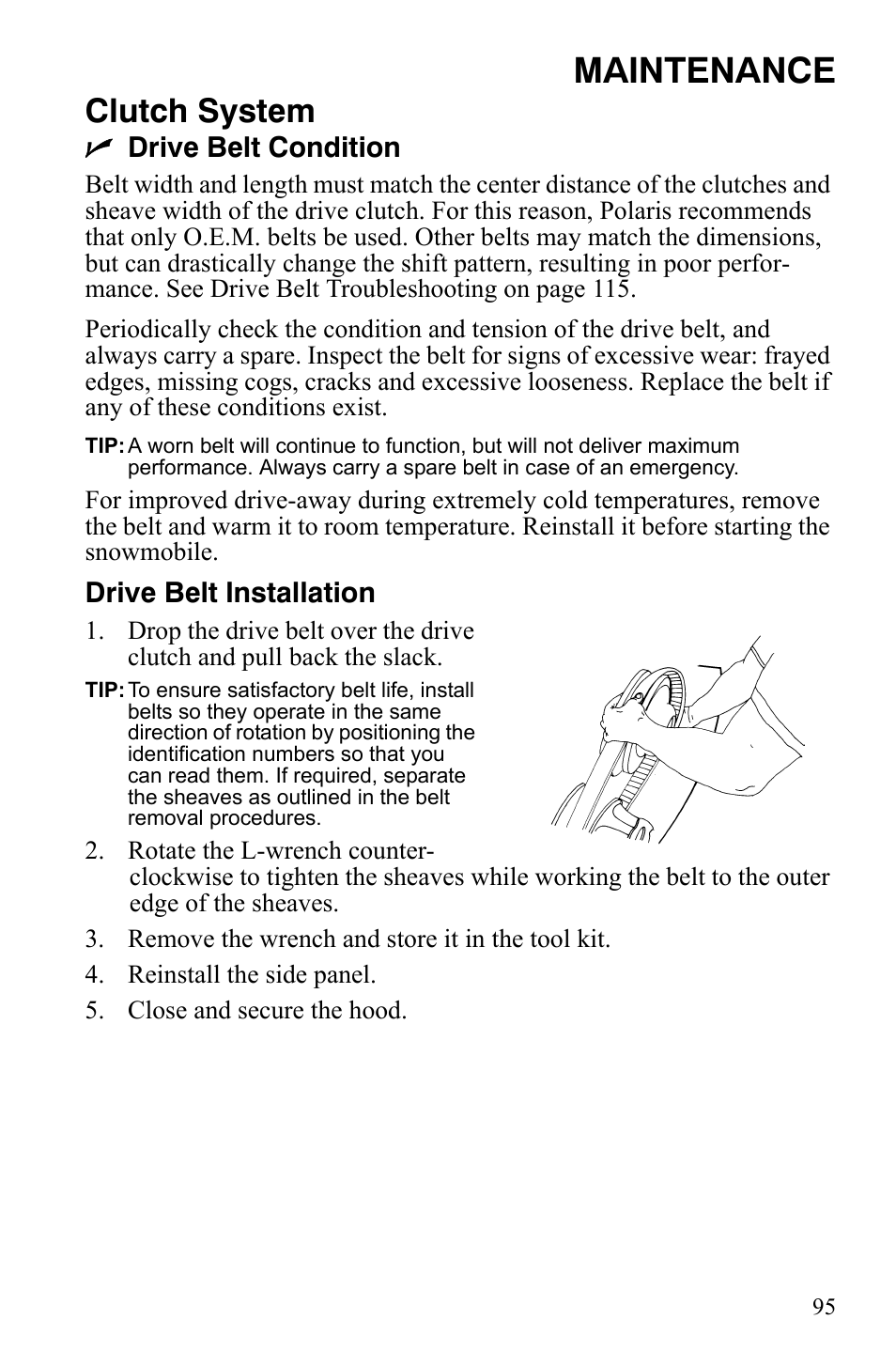 Maintenance, Clutch system, Ndrive belt condition | Drive belt installation | Polaris 600 RMK Shift User Manual | Page 98 / 133