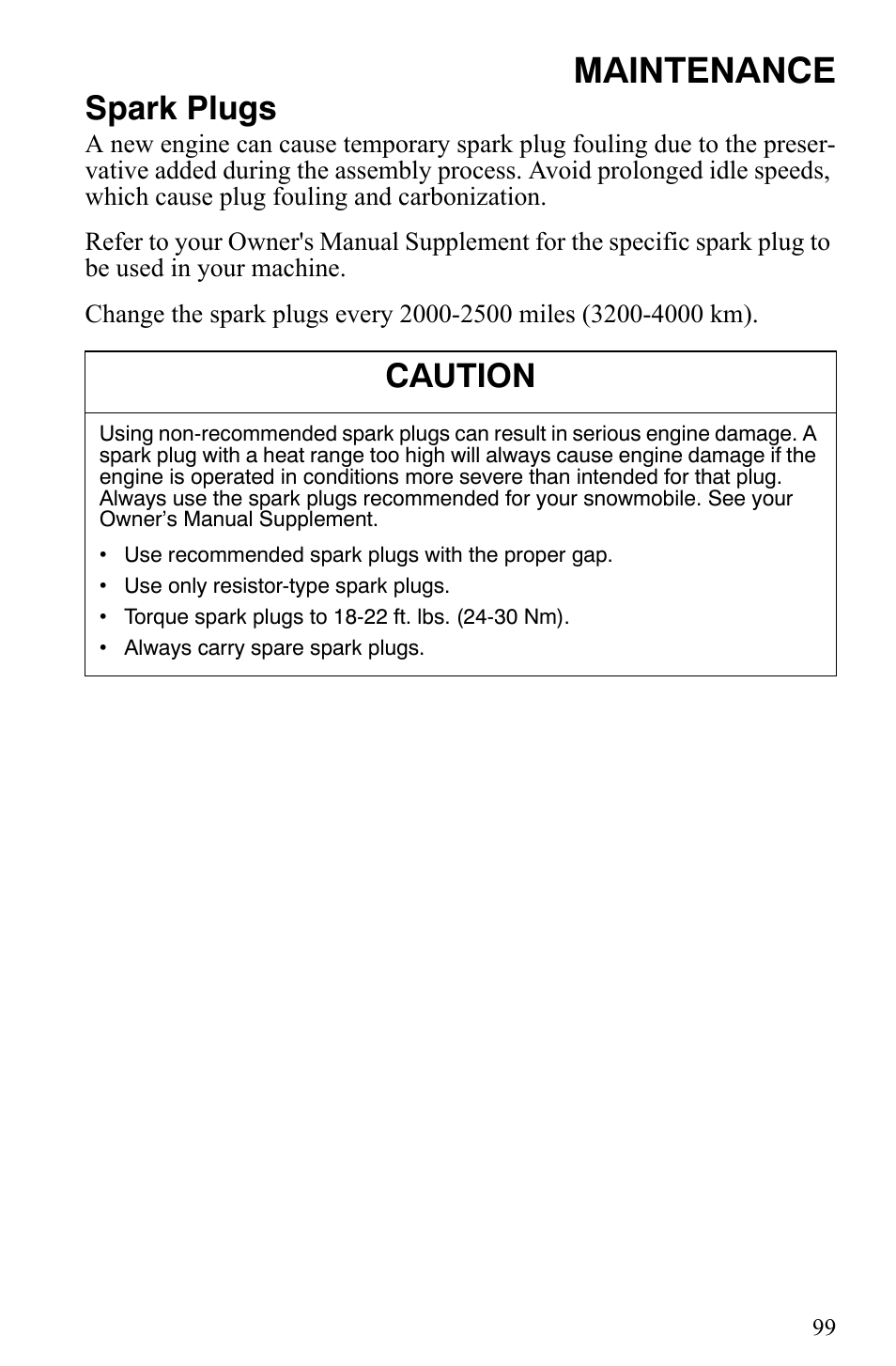 Maintenance, Spark plugs, Caution | Polaris 700 IQ User Manual | Page 102 / 154