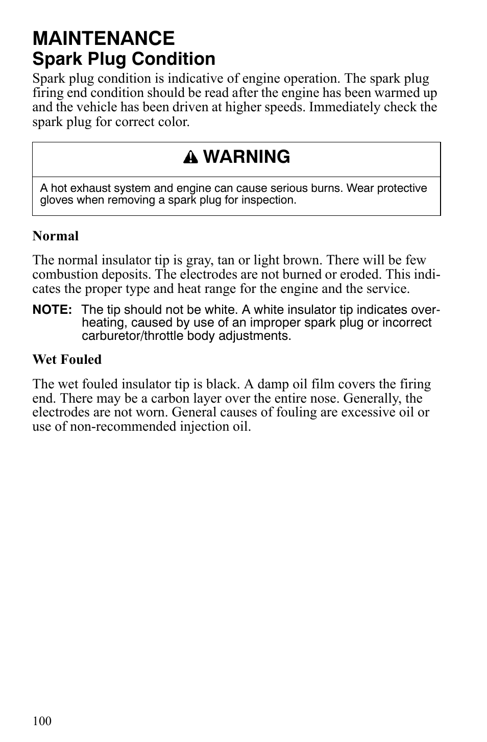 Maintenance, Spark plug condition, Warning | Polaris 700 IQ User Manual | Page 103 / 154