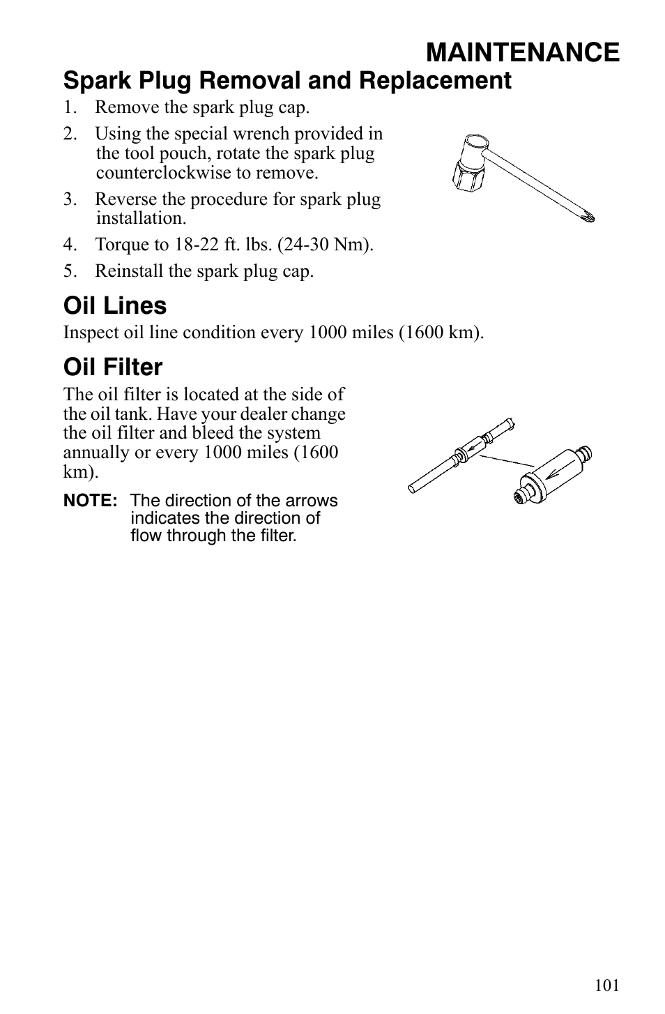 Maintenance, Spark plug removal and replacement, Oil lines | Oil filter | Polaris 700 IQ User Manual | Page 104 / 154