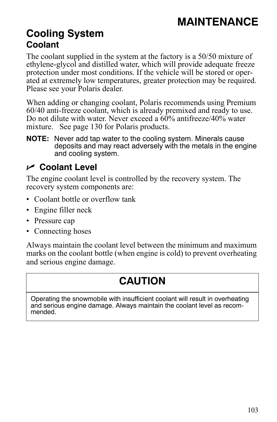 Maintenance, Cooling system, Caution | Polaris 700 IQ User Manual | Page 106 / 154