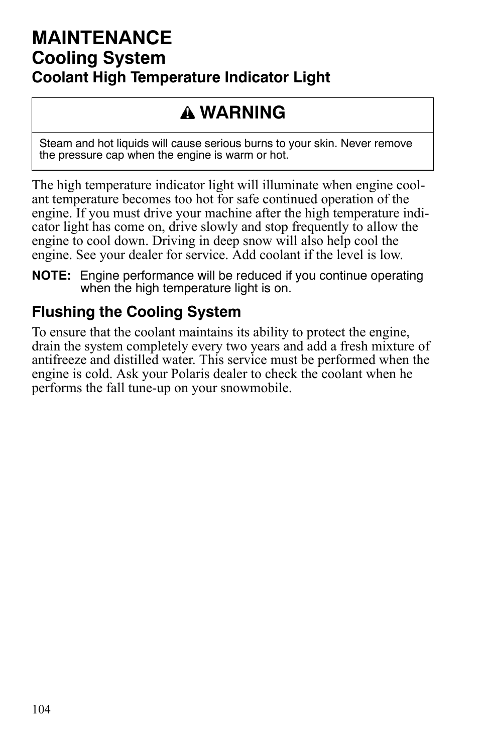 Maintenance, Cooling system, Warning | Polaris 700 IQ User Manual | Page 107 / 154