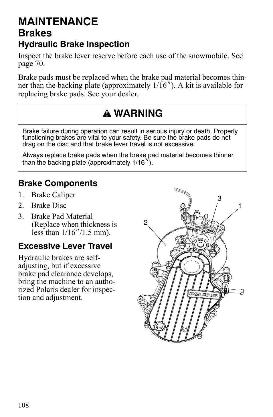 Maintenance, Brakes, Warning | Polaris 700 IQ User Manual | Page 111 / 154
