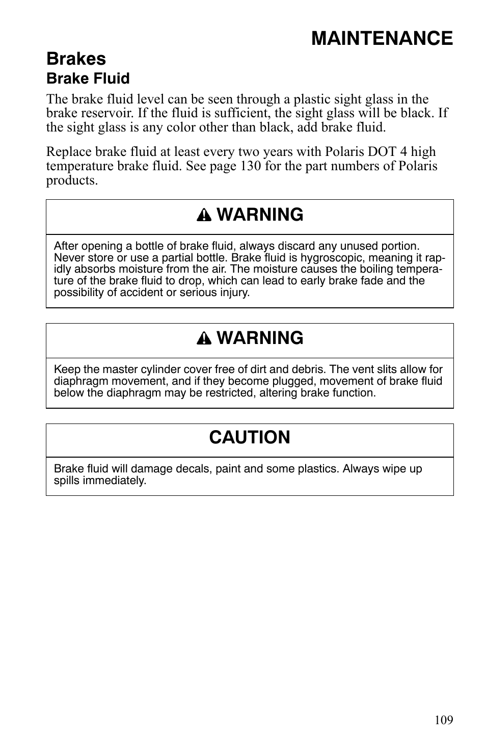Maintenance, Brakes, Warning | Caution | Polaris 700 IQ User Manual | Page 112 / 154