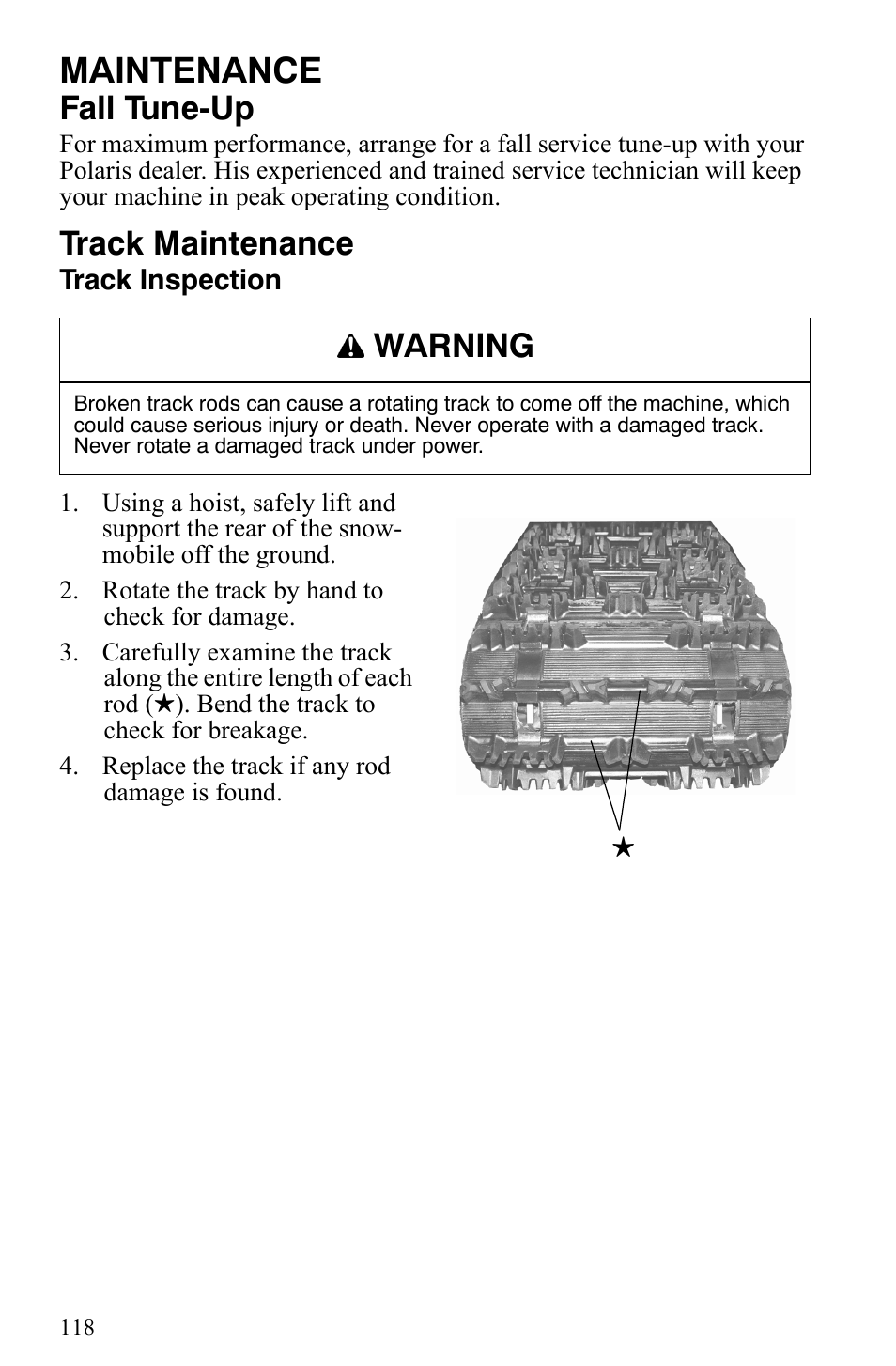 Maintenance, Fall tune-up, Track maintenance | Warning | Polaris 700 IQ User Manual | Page 121 / 154