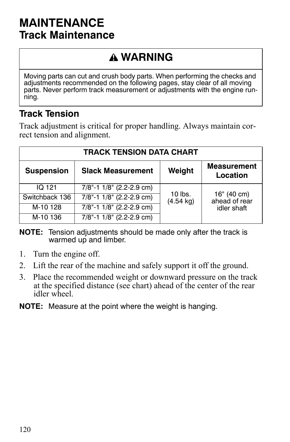 Maintenance, Track maintenance, Warning | Track tension | Polaris 700 IQ User Manual | Page 123 / 154