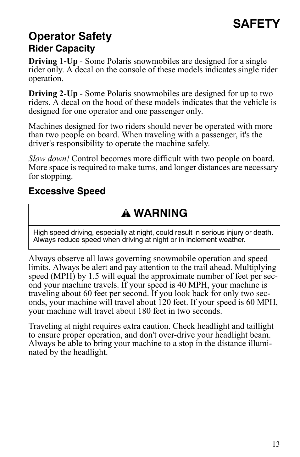 Safety, Operator safety, Warning | Polaris 700 IQ User Manual | Page 16 / 154