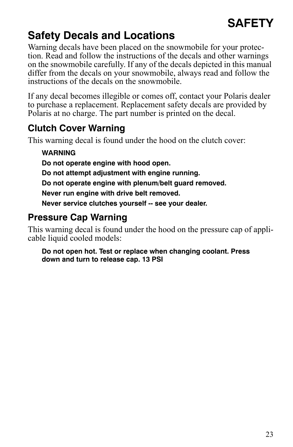 Safety, Safety decals and locations | Polaris 700 IQ User Manual | Page 26 / 154