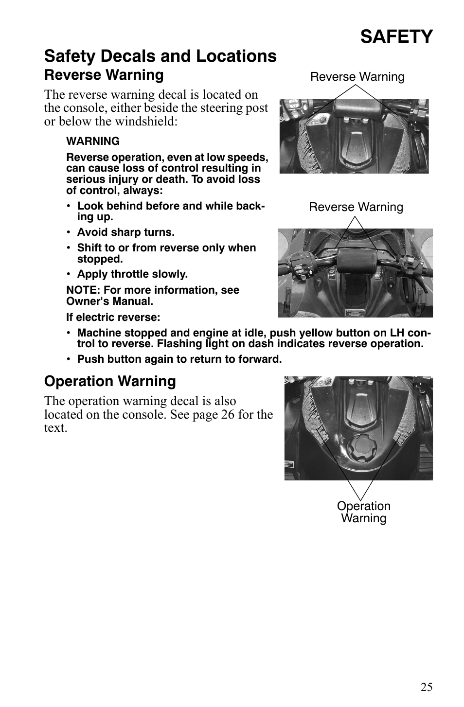 Safety, Safety decals and locations, Reverse warning | Operation warning | Polaris 700 IQ User Manual | Page 28 / 154