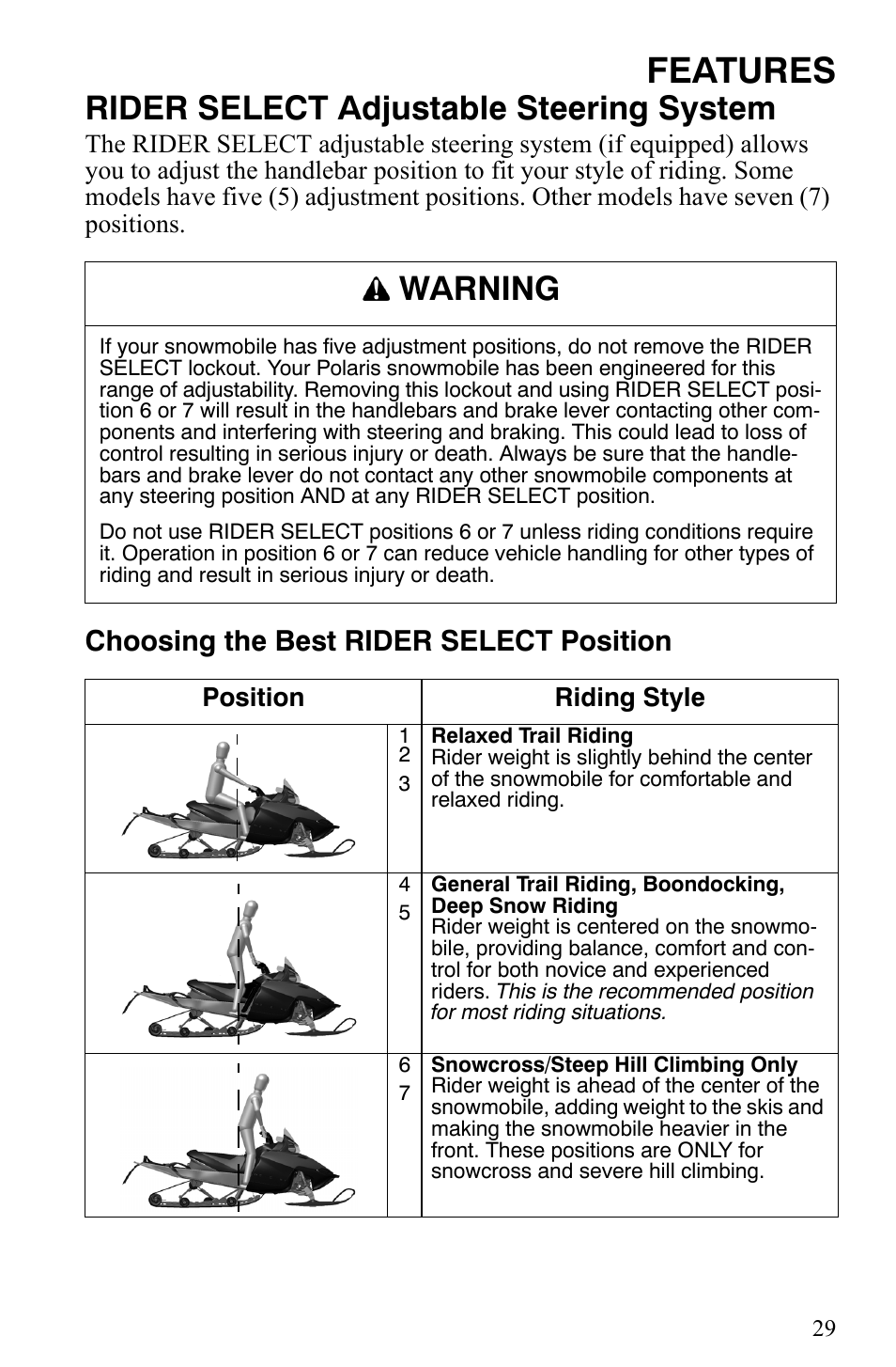 Features, Rider select adjustable steering system, Warning | Choosing the best rider select position | Polaris 700 IQ User Manual | Page 32 / 154