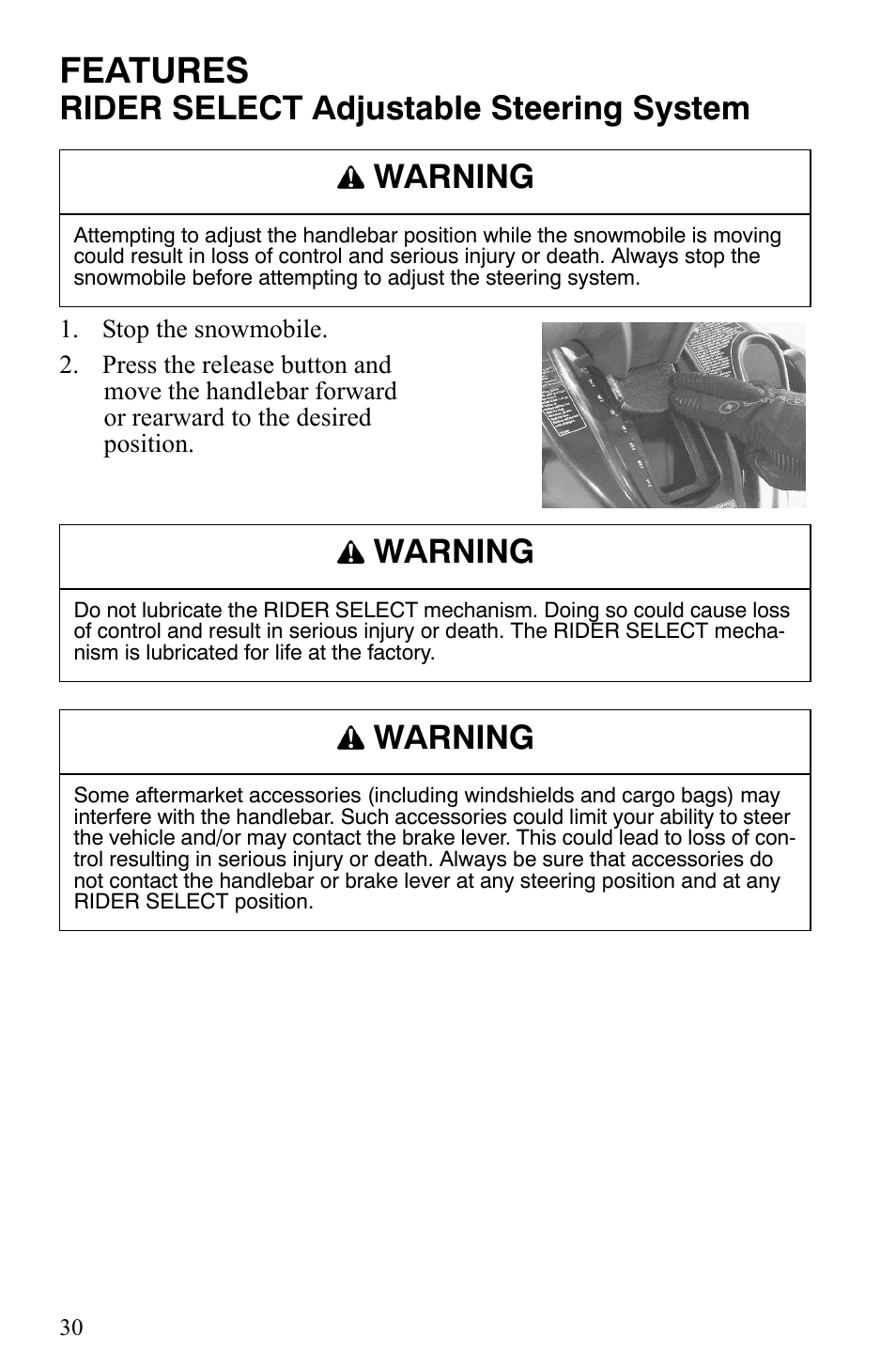 Features, Rider select adjustable steering system, Warning | Polaris 700 IQ User Manual | Page 33 / 154