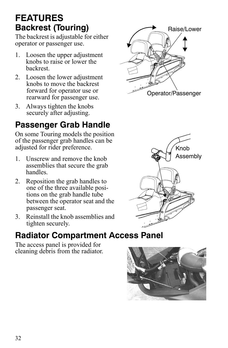 Features, Backrest (touring), Passenger grab handle | Radiator compartment access panel | Polaris 700 IQ User Manual | Page 35 / 154