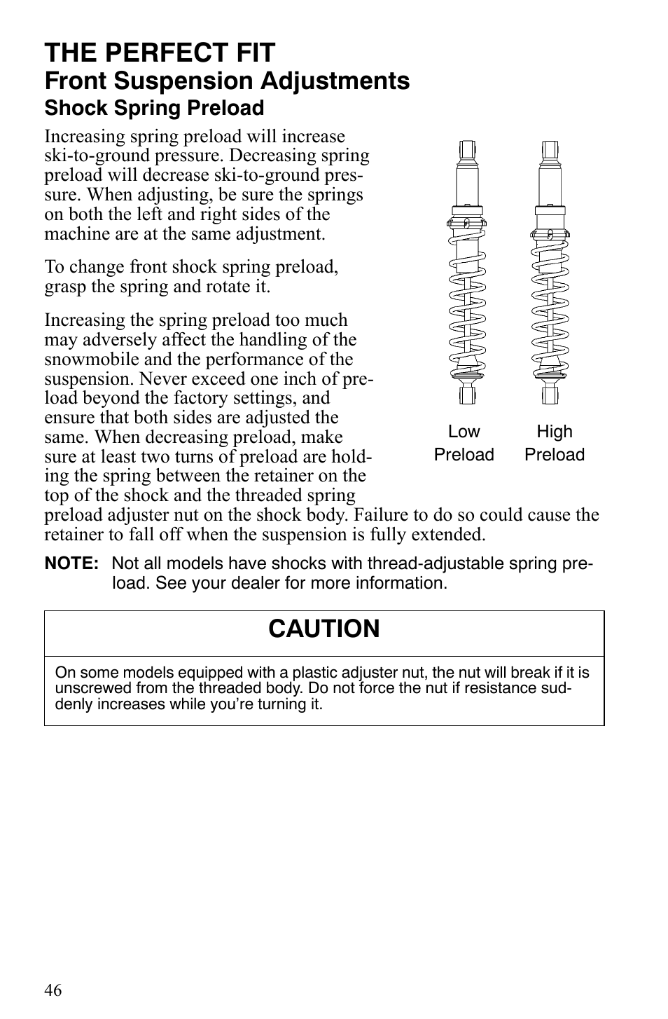 The perfect fit, Front suspension adjustments, Caution | Polaris 700 IQ User Manual | Page 49 / 154