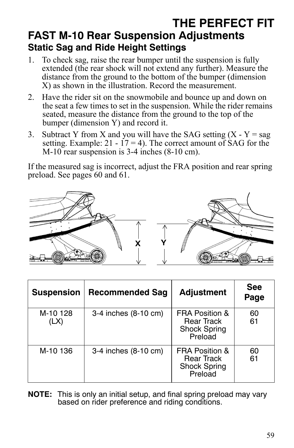 The perfect fit, Fast m-10 rear suspension adjustments, Static sag and ride height settings | Polaris 700 IQ User Manual | Page 62 / 154