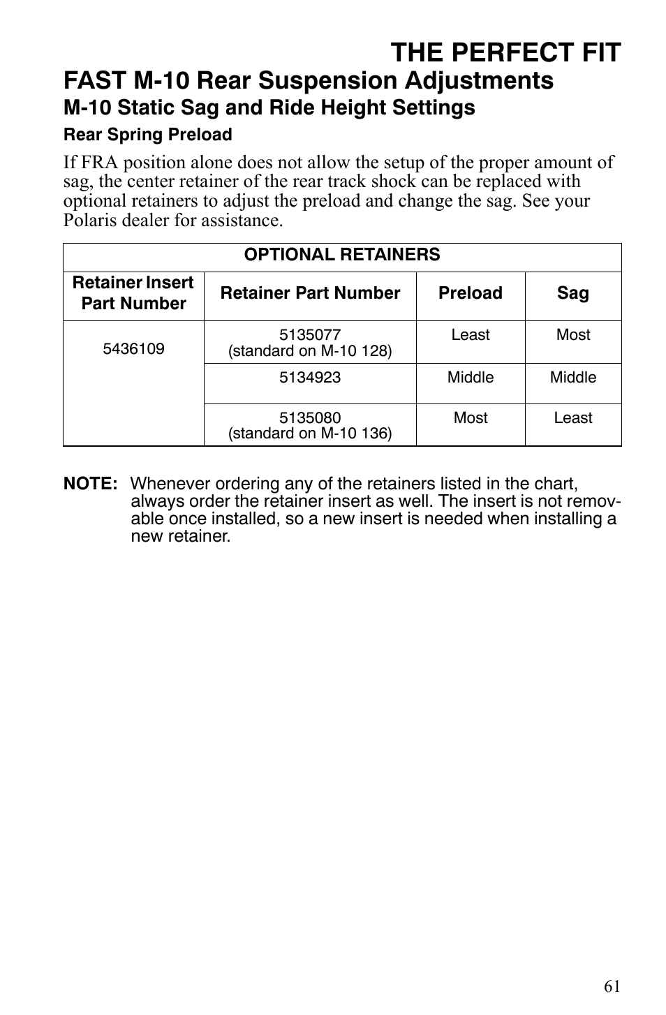 The perfect fit, Fast m-10 rear suspension adjustments, M-10 static sag and ride height settings | Polaris 700 IQ User Manual | Page 64 / 154