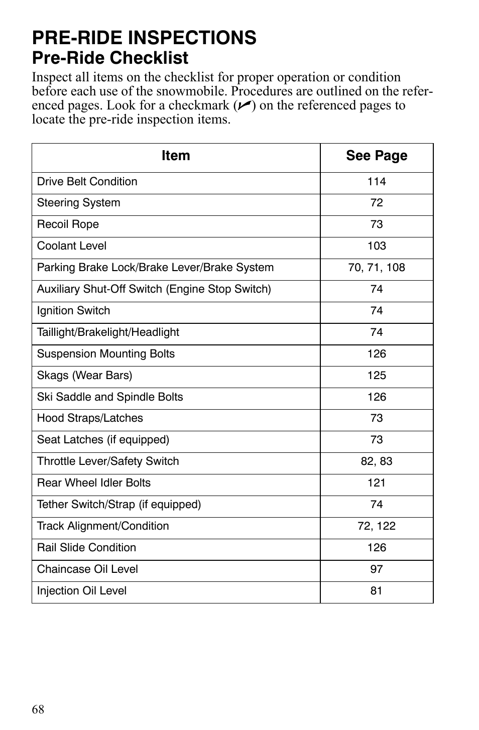 Pre-ride inspections, Pre-ride checklist | Polaris 700 IQ User Manual | Page 71 / 154