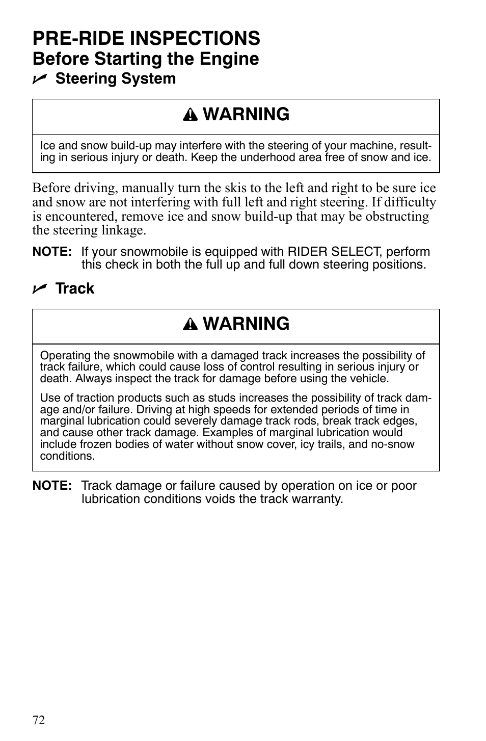 Pre-ride inspections, Before starting the engine, Warning | Nsteering system, Ntrack | Polaris 700 IQ User Manual | Page 75 / 154