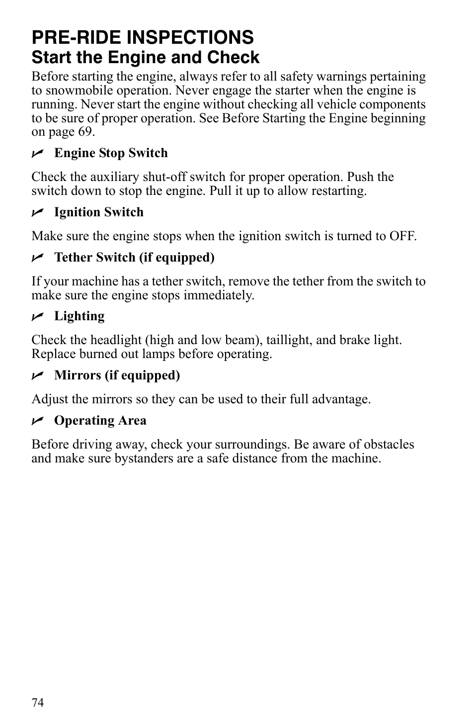 Pre-ride inspections, Start the engine and check | Polaris 700 IQ User Manual | Page 77 / 154