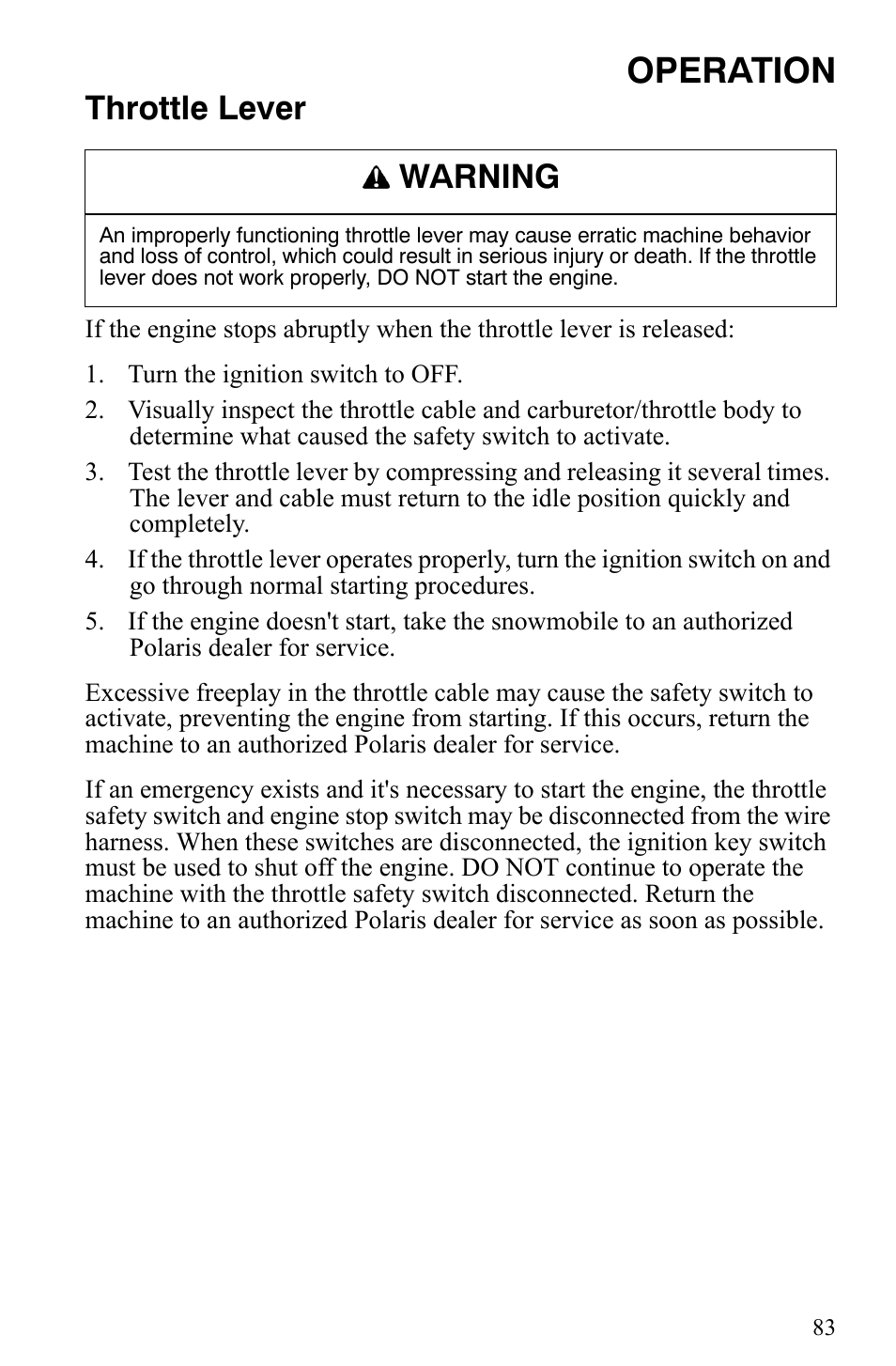 Operation, Throttle lever, Warning | Polaris 700 IQ User Manual | Page 86 / 154
