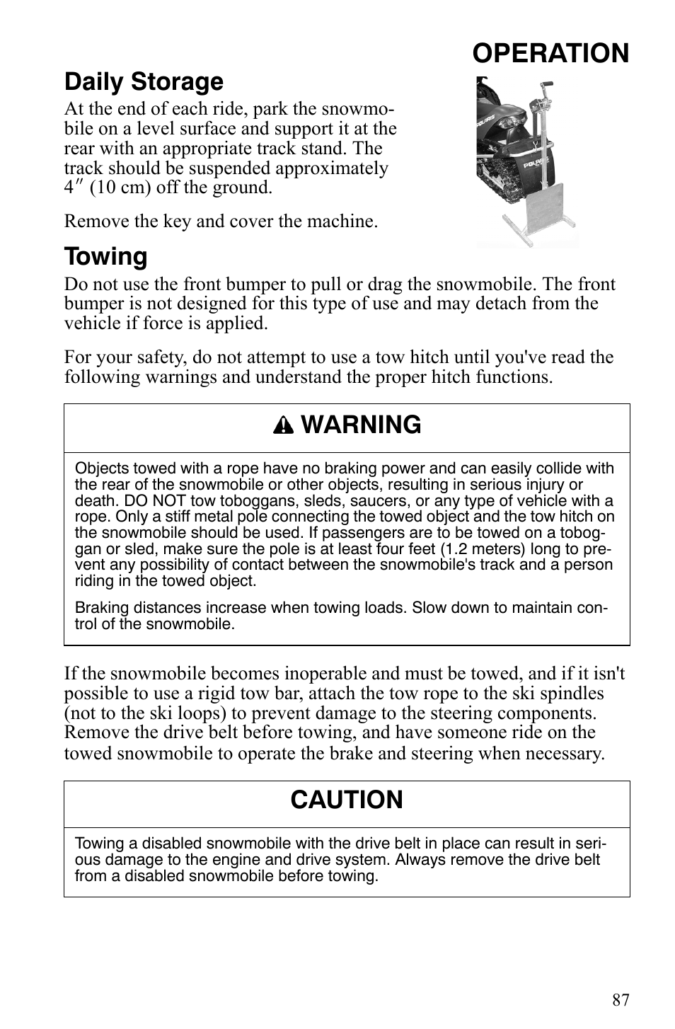 Operation, Daily storage, Towing | Warning, Caution | Polaris 700 IQ User Manual | Page 90 / 154