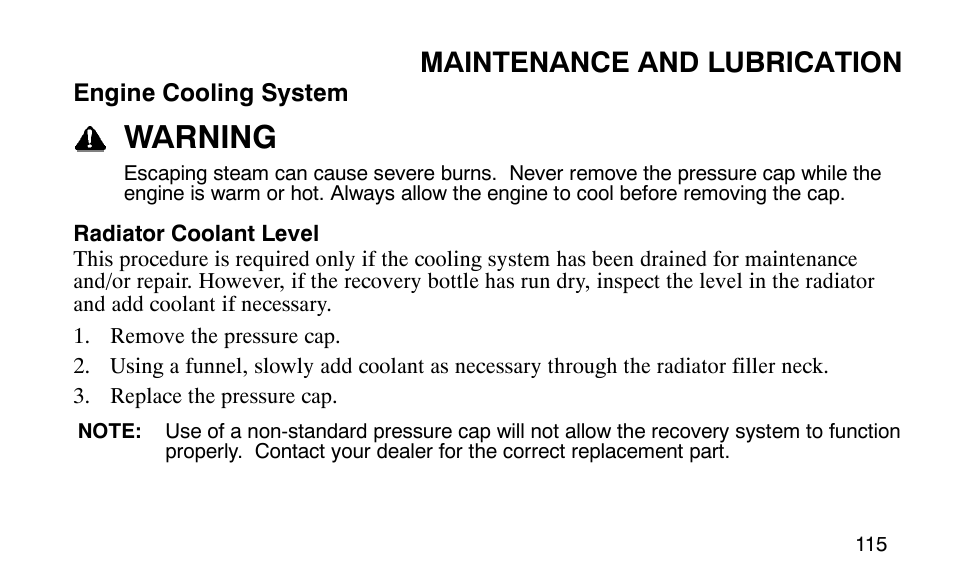 Warning, Maintenance and lubrication | Polaris 9919510 User Manual | Page 118 / 187