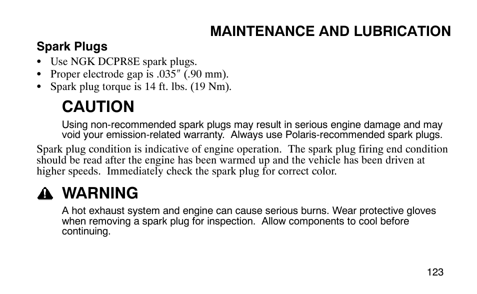 Caution, Warning, Maintenance and lubrication | Polaris 9919510 User Manual | Page 126 / 187