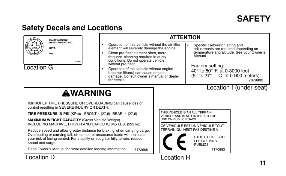 Safety, Warning, Safety decals and locations | Polaris 9919510 User Manual | Page 14 / 187