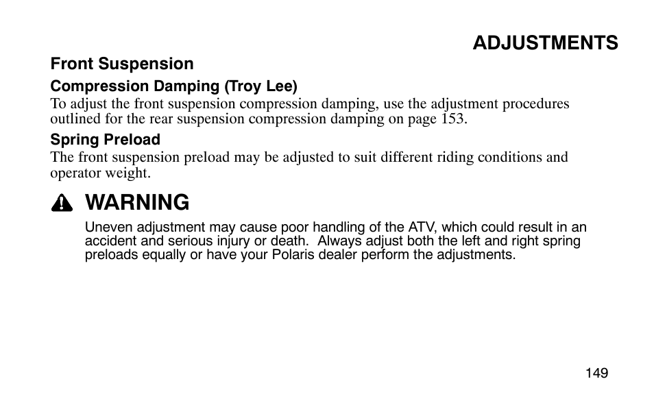 Warning, Adjustments | Polaris 9919510 User Manual | Page 152 / 187