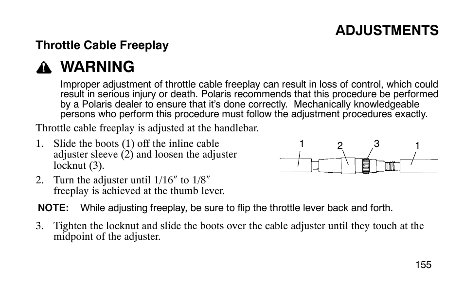Warning, Adjustments | Polaris 9919510 User Manual | Page 158 / 187