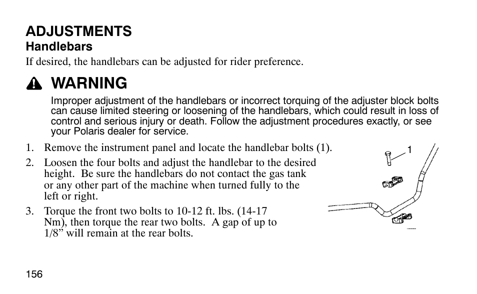 Warning, Adjustments | Polaris 9919510 User Manual | Page 159 / 187