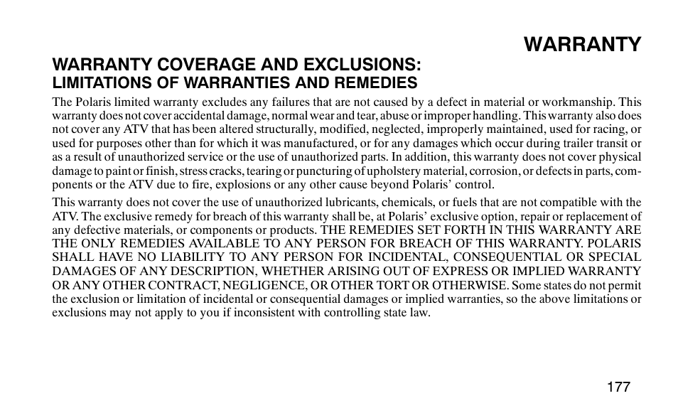 Warranty, Warranty coverage and exclusions | Polaris 9919510 User Manual | Page 180 / 187