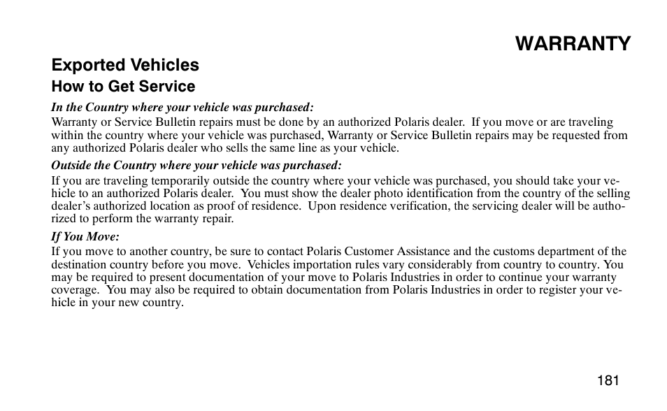 Warranty, Exported vehicles | Polaris 9919510 User Manual | Page 184 / 187