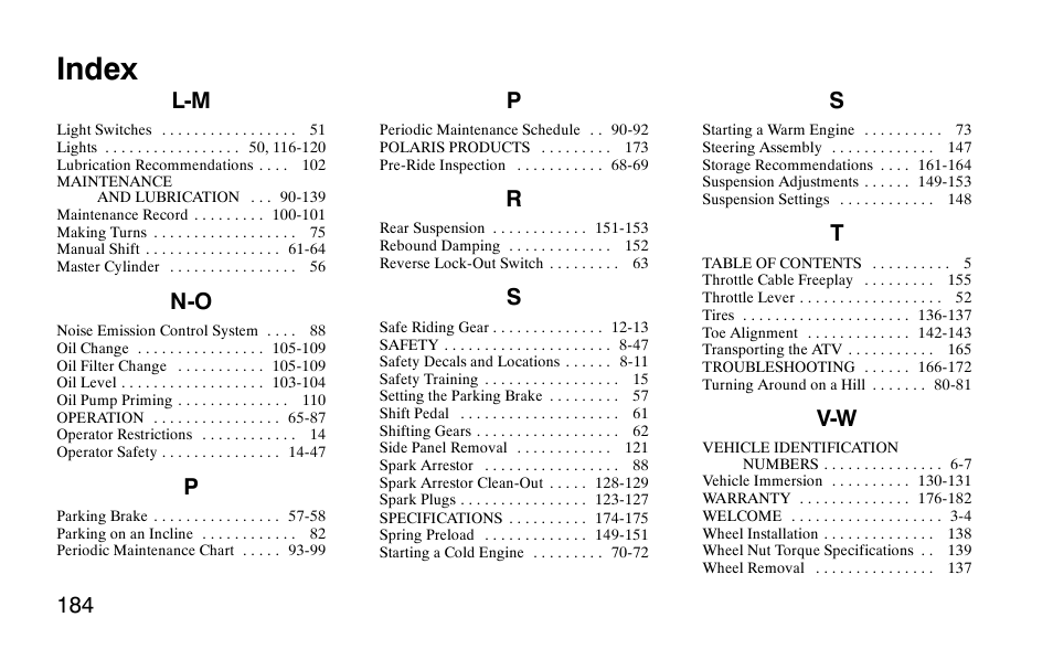 Index | Polaris 9919510 User Manual | Page 187 / 187