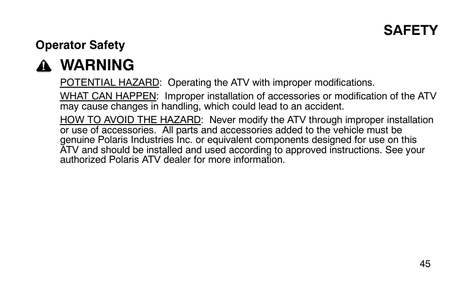 Warning, Safety | Polaris 9919510 User Manual | Page 48 / 187