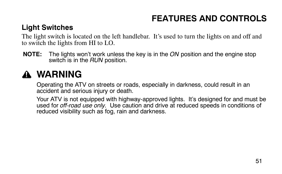Warning, Features and controls | Polaris 9919510 User Manual | Page 54 / 187