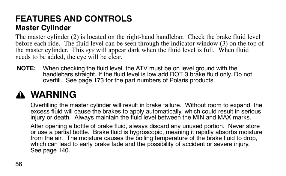 Warning, Features and controls | Polaris 9919510 User Manual | Page 59 / 187