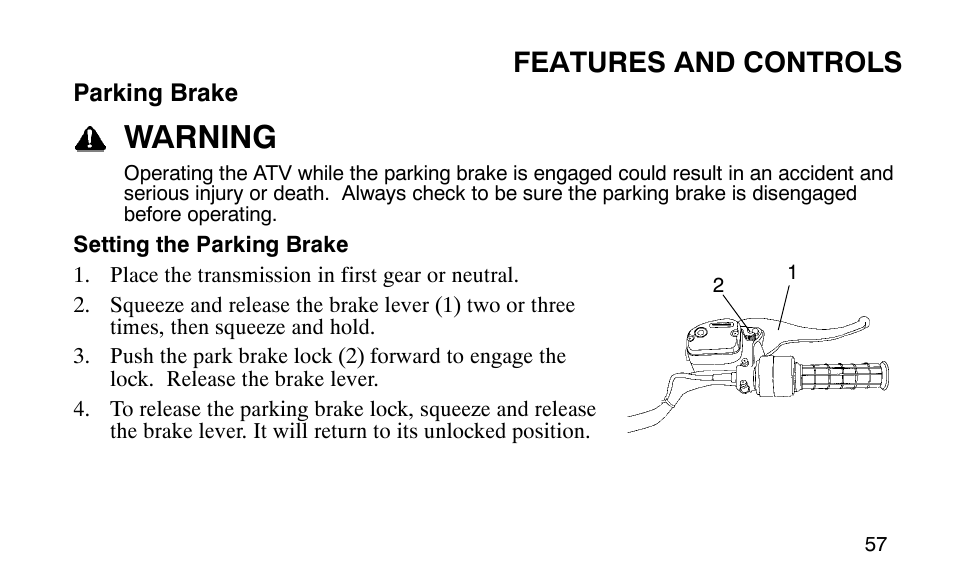 Warning, Features and controls | Polaris 9919510 User Manual | Page 60 / 187