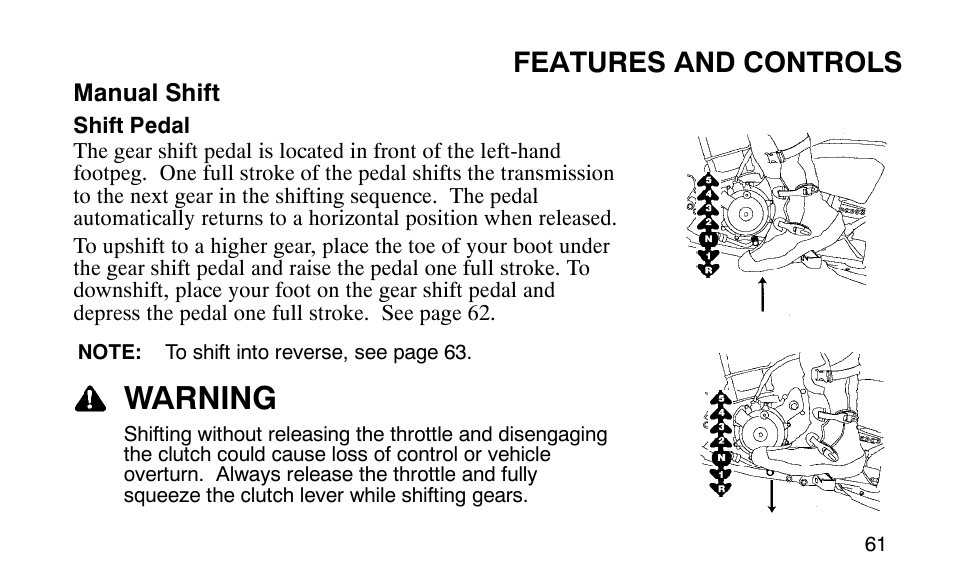 Warning, Features and controls | Polaris 9919510 User Manual | Page 64 / 187