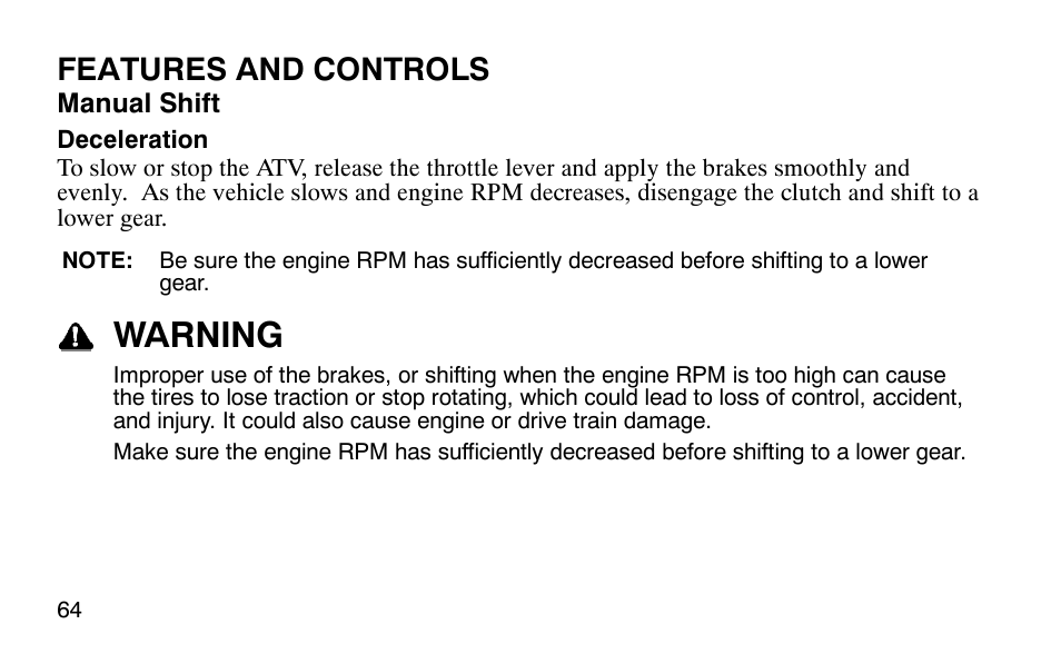 Warning, Features and controls | Polaris 9919510 User Manual | Page 67 / 187
