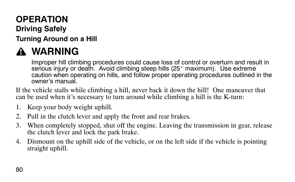 Warning, Operation | Polaris 9919510 User Manual | Page 83 / 187