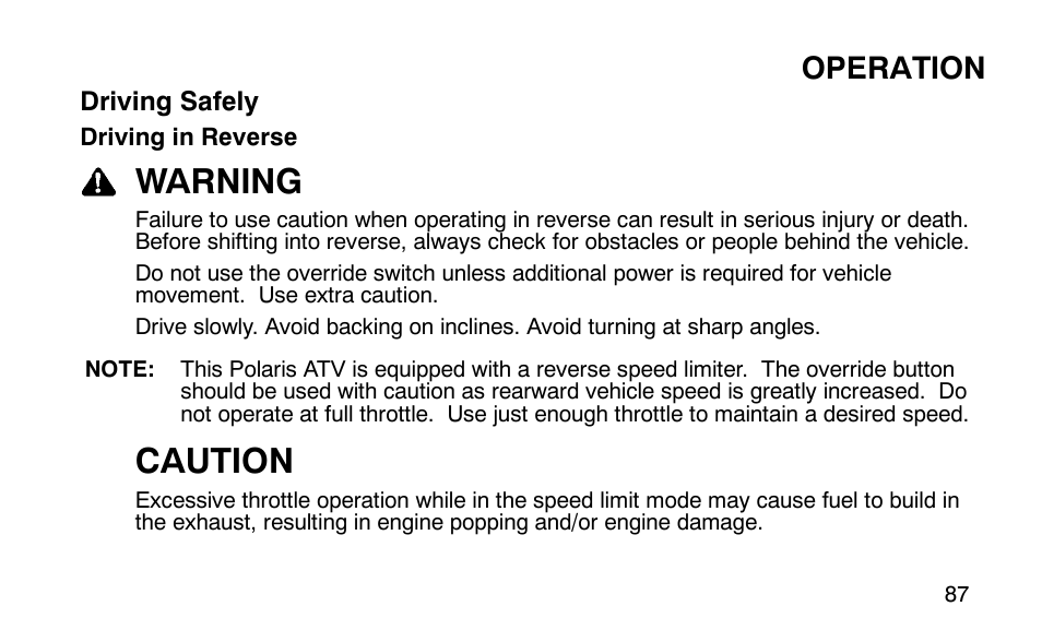 Warning, Caution, Operation | Polaris 9919510 User Manual | Page 90 / 187