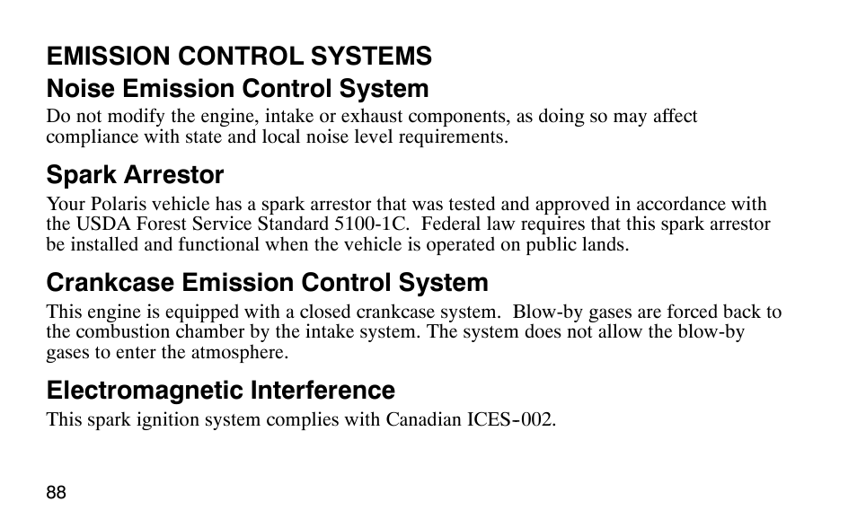 Spark arrestor, Crankcase emission control system, Electromagnetic interference | Polaris 9919510 User Manual | Page 91 / 187