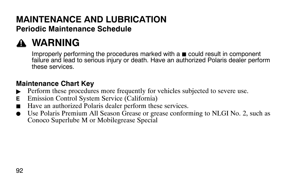 Warning, Maintenance and lubrication | Polaris 9919510 User Manual | Page 95 / 187