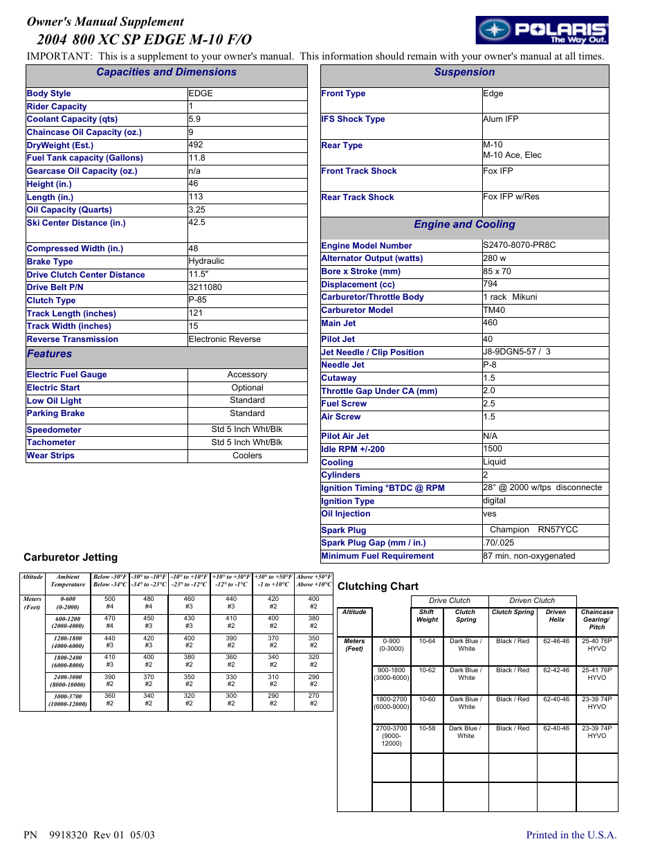 Polaris 800 XC SP EDGE M-10 User Manual | 1 page