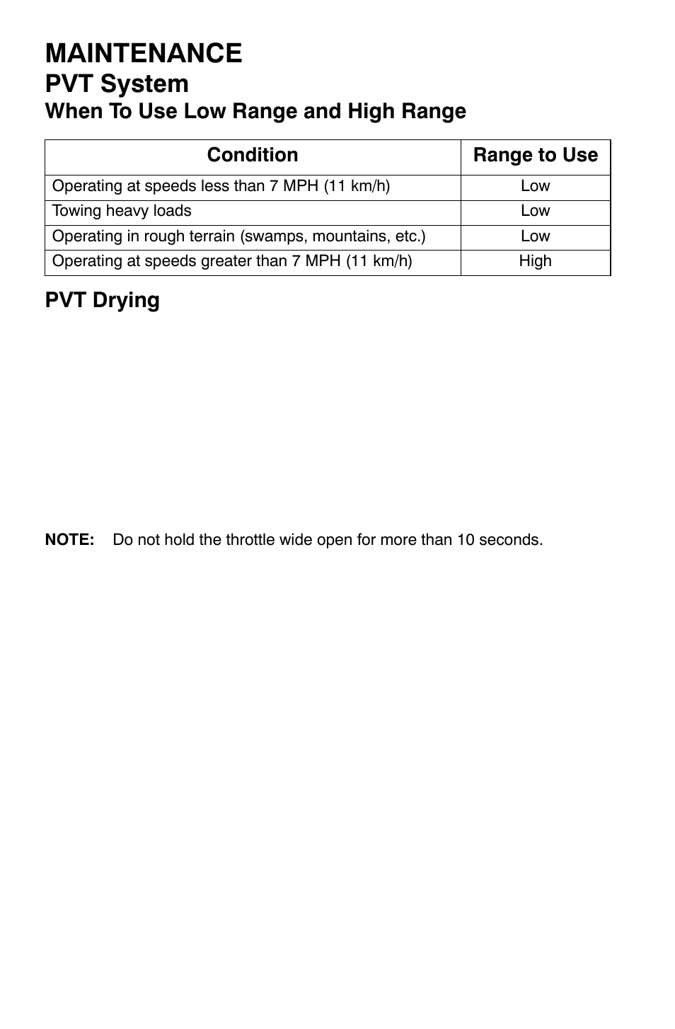 Maintenance, Pvt system, When to use low range and high range pvt drying | Polaris Sportsman 9920630 User Manual | Page 116 / 149