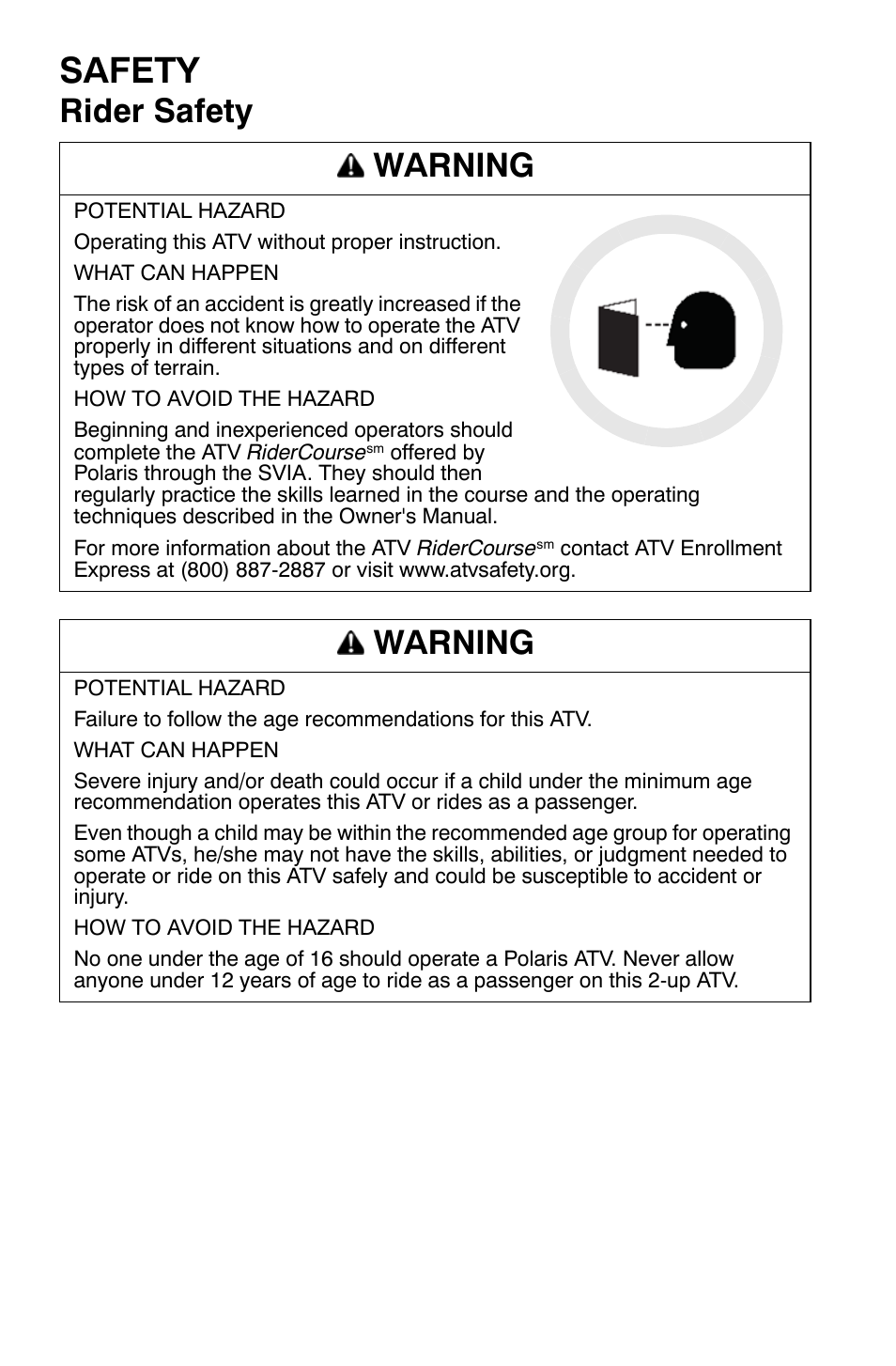 Safety, Rider safety warning, Warning | Polaris Sportsman 9920630 User Manual | Page 20 / 149