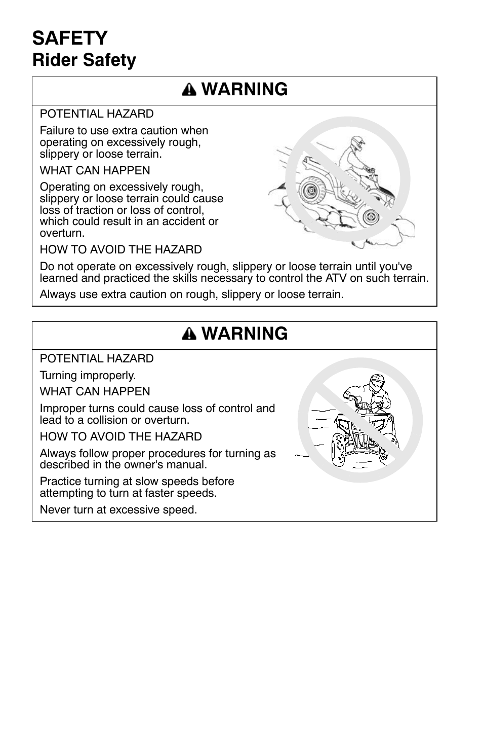 Safety, Rider safety warning, Warning | Polaris Sportsman 9920630 User Manual | Page 26 / 149