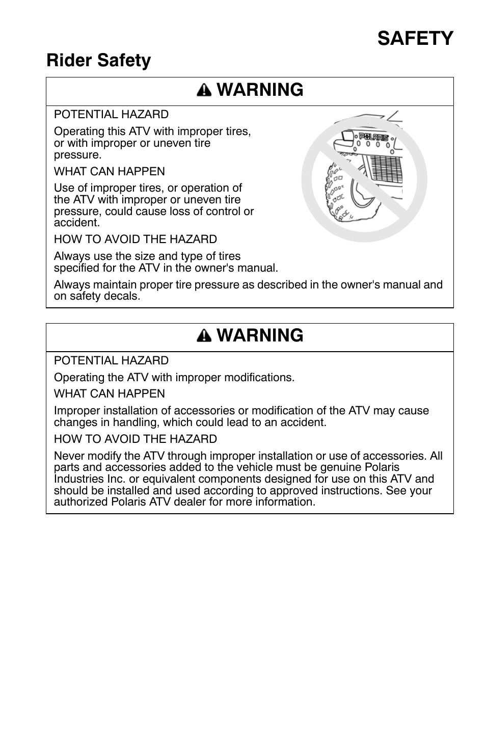 Safety, Rider safety warning, Warning | Polaris Sportsman 9920630 User Manual | Page 33 / 149